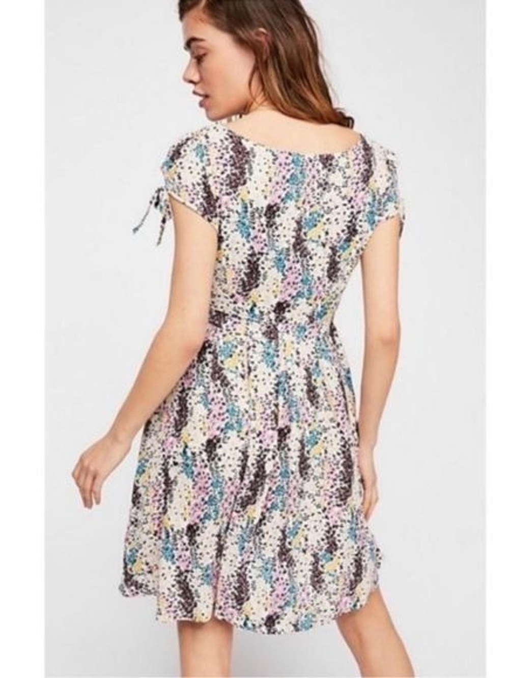 Free People Cream Floral Tie-Front Mini Dress with Pink, Blue & Yellow Accents - Picture 2 of 6